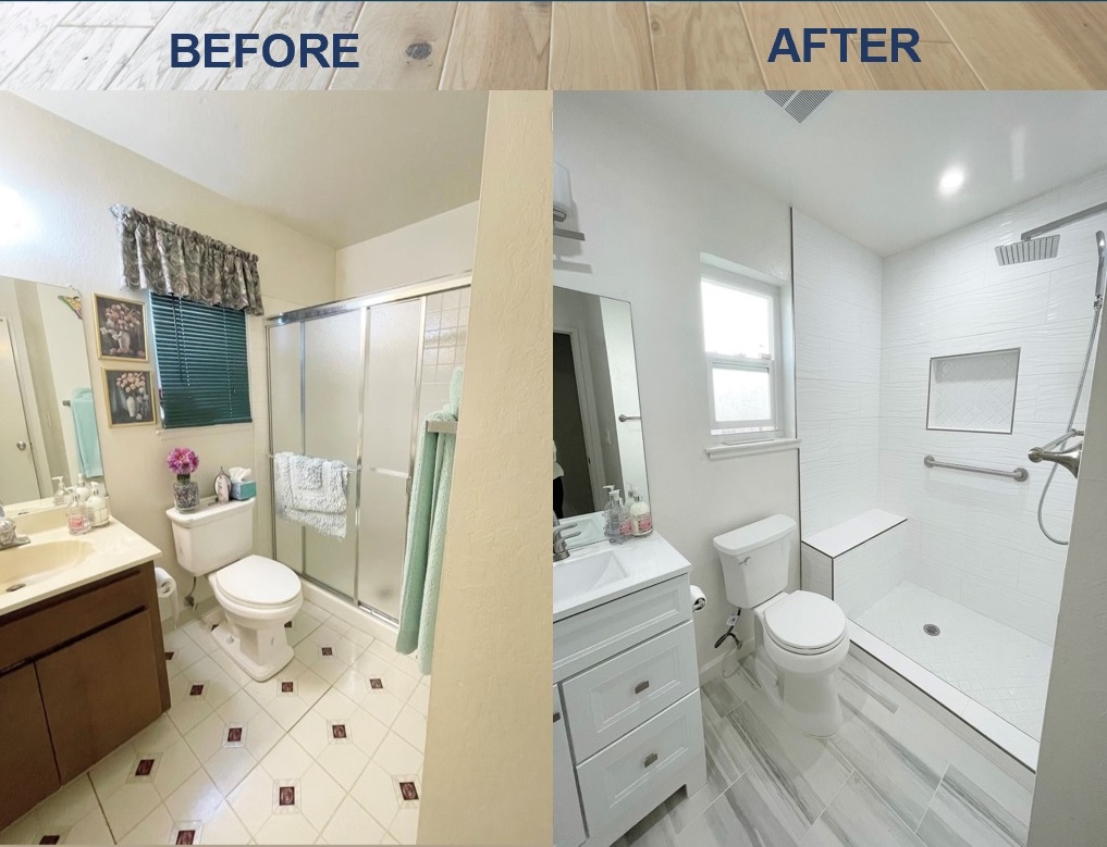 Before and after bathroom transformation from an enclosed tub shower to a bright custom walk-in shower